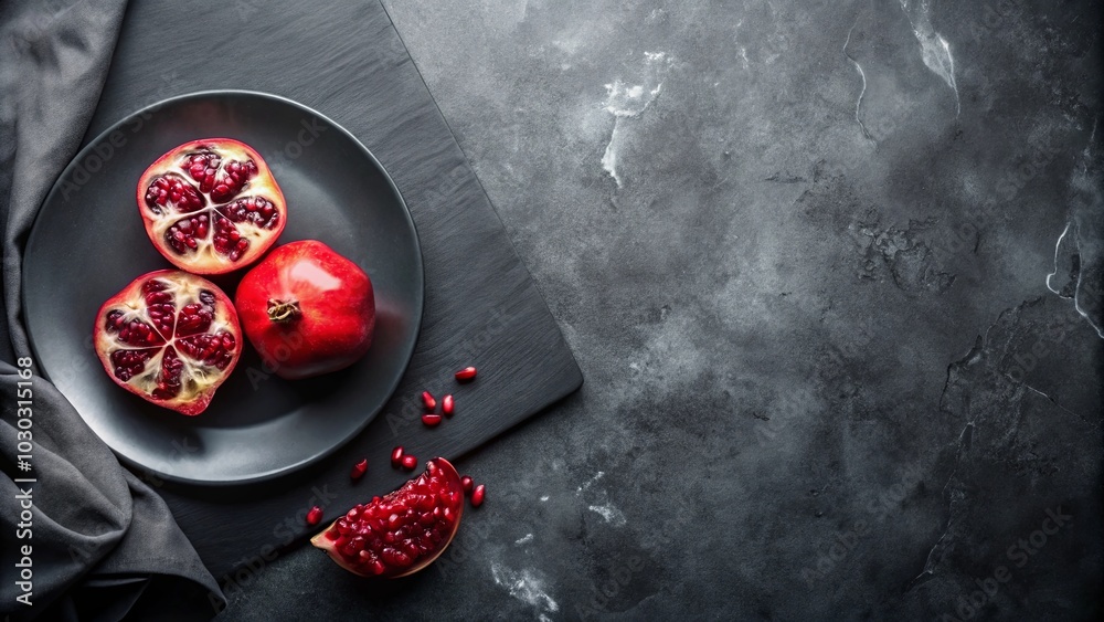 Fototapeta premium Aromatic Pomegranate Halves and Whole Fruit on a Black Plate with Scattered Seeds Against a Dark Textured Background