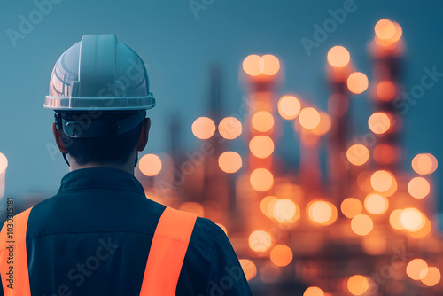 A worker in a hard hat and safety vest observes an industrial facility illuminated with bright lights, symbolizing safety and industry. photo