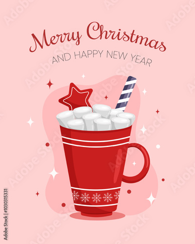 Merry Christmas and Happy New Year. Cup of hot drink with marshmallow, cookie and sweet cane. Vector illustration