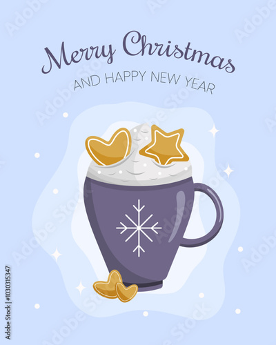 Merry Christmas and Happy New Year. Cup of hot drink with whipped cream and cookie. Vector illustration