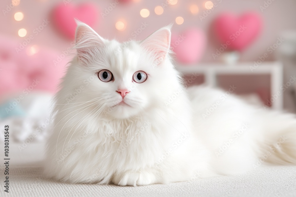 Fluffy white cat sitting on a bed with pink heart decorations in the background evoking a sense of elegance purity and love in a bright festive indoor setting Fluffy white cat sitting on a bed with pink heart decorations in the background evoking a sense of elegance purity and love in a bright festive indoor setting