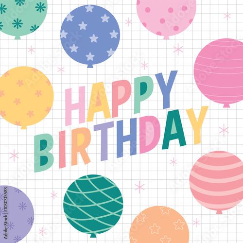 cute birthday greeting card with colorful balloon design