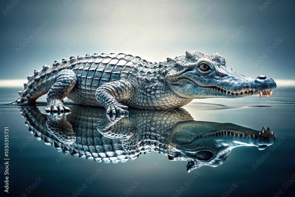 Fototapeta premium image of a symmetrical melting plastic crocodile sculpture