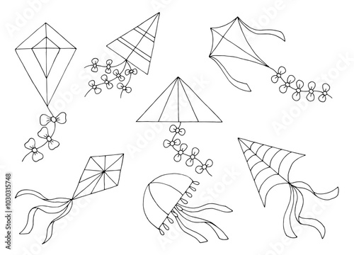 Kite set black white isolated illustration vector
