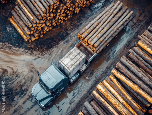 Aerial view of a logging truck surrounded by freshly cut timber in a dense forest area
