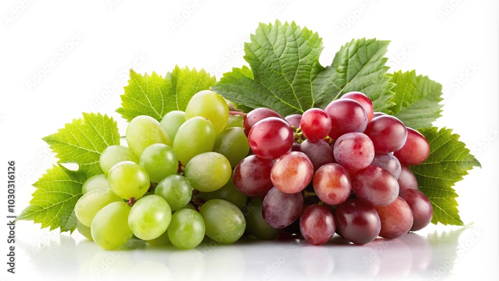 Image of green and red grapes with leaves reflected on a white background Image of green and red grapes with leaves reflected on a white background