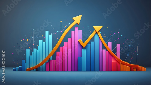 Visualize Business Growth, Colorful Ascending Bar Graph with Bold Arrow