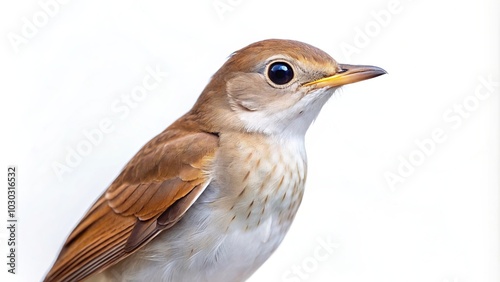 Minimalist isolated image of a thrush nightingale Luscinia luscinia on a white background