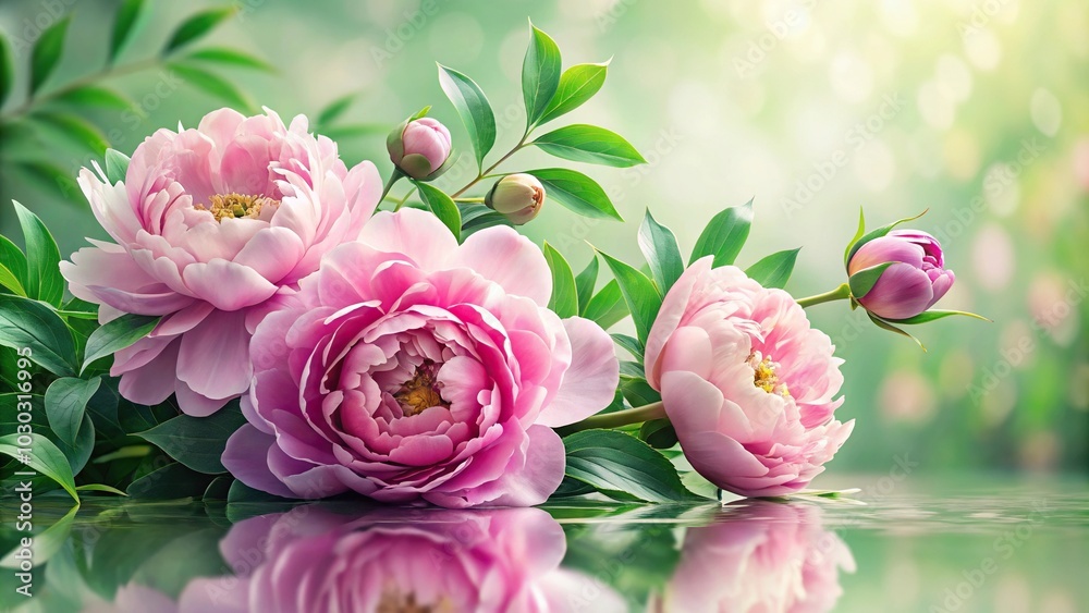 image of soft pink peonies with realistic leaves reflected in water image of soft pink peonies with realistic leaves reflected in water