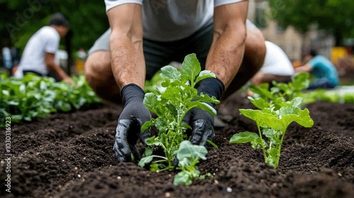 Urban Gardening: Hands Planting Fresh Vegetables