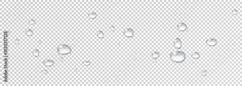 Realistic vector water drops png on a transparent light background. Water condensation on the surface with light reflection and realistic shadow. 3d vector illustration