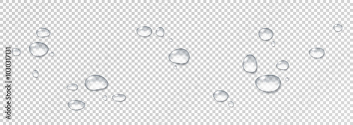 Realistic vector water drops png on a transparent light background. Water condensation on the surface with light reflection and realistic shadow. 3d vector illustration
