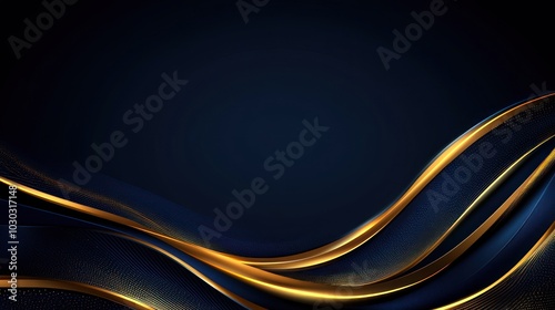 Luxury curve golden lines on dark blue background with lighting effect