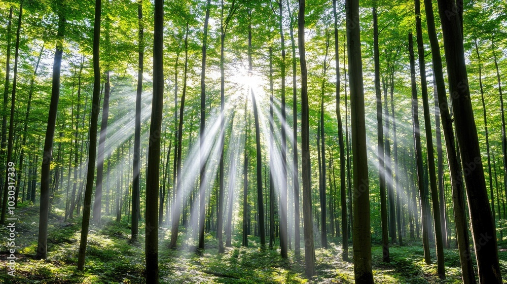 Sunlight Streams Through Dense Forest Trees Sunlight Streams Through Dense Forest Trees