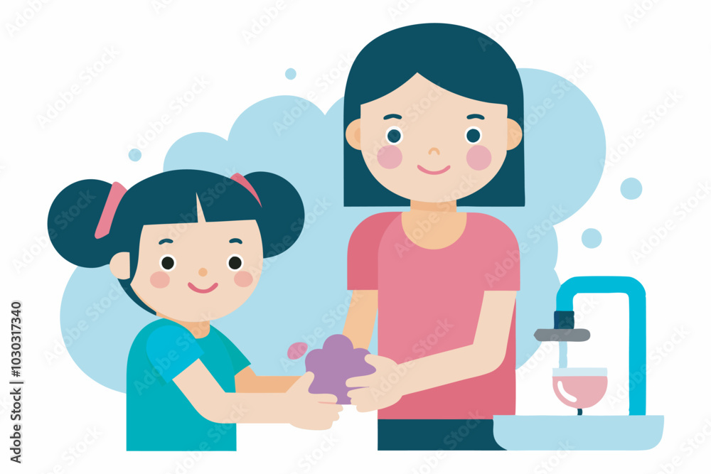 Illustration shows adult and child at sink, both with soapy hands. Adult smiles at child while cup sits nearby. Theme centers on handwashing importance. Illustration shows adult and child at sink, both with soapy hands. Adult smiles at child while cup sits nearby. Theme centers on handwashing importance.