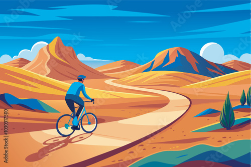 A man cycles on a desert road with mountains, plants, and cacti. The sky shows a sunny gradient from orange to blue with clouds.