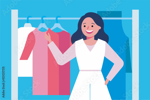 A woman in a white dress smiles by a clothes rack with colorful hangers, focusing on pink clothes. She looks right, portraying outfit selection or posing in a tidy room.