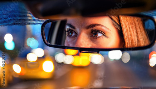 Woman's eyes reflected through a rear view mirror in a car at night