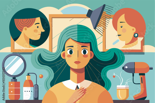 A woman with green and blue hair is seen grooming herself surrounded by mirrors, hairstyling tools, and a photo showing red-haired woman with a blue hairband.