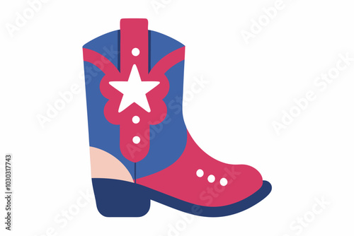 Illustration of a cowboy boot with purple and pink colors, a white star, blue heel, and black sole. Set against a white background.
