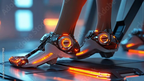 Futuristic, high-tech shoes with glowing orange accents on a metallic surface. photo