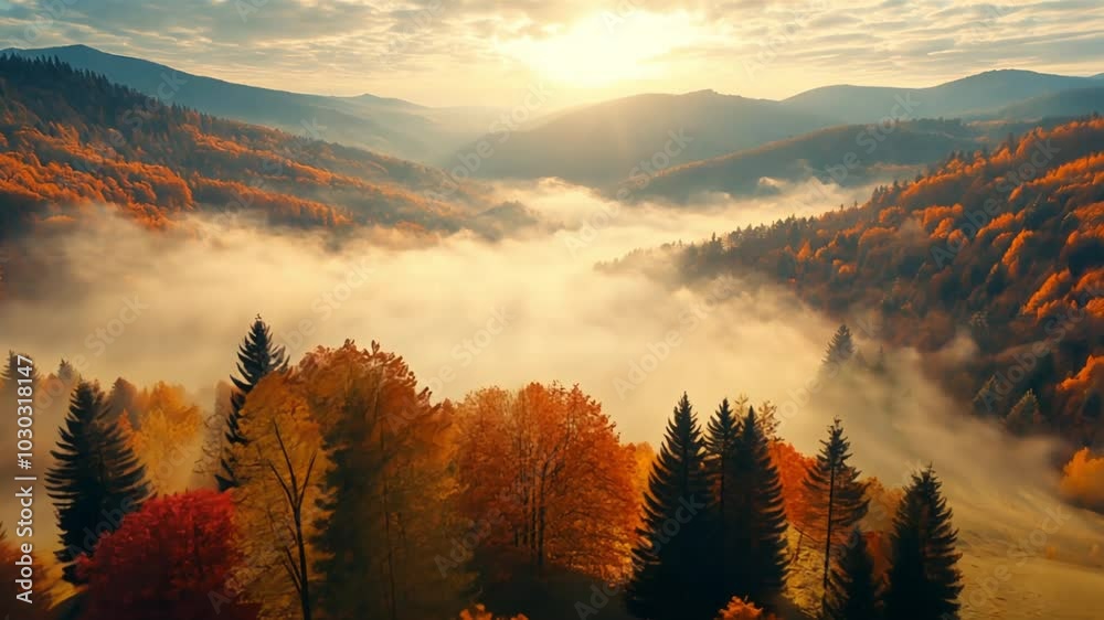 A valley filled with colorful autumn trees, misty clouds, and a sunrise over mountains. A valley filled with colorful autumn trees, misty clouds, and a sunrise over mountains.