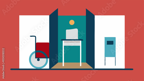 Voting Booth Interior A crosssection view of an accessible voting booth displaying ample space for wheelchairs guide rails and adjustable screens that cater to different user