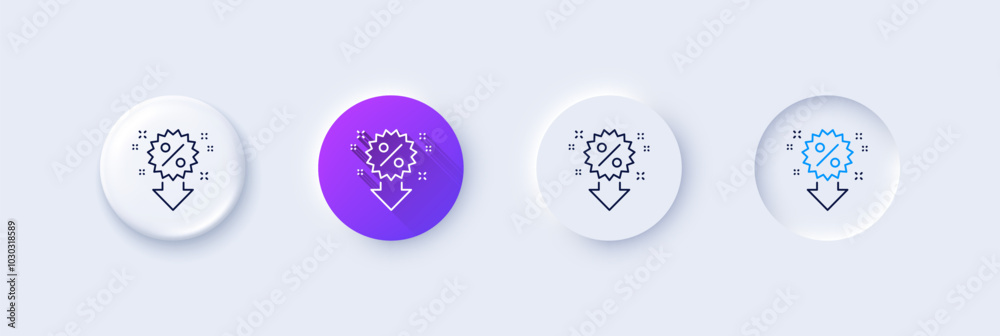 Discount line icon. Neumorphic, Purple gradient, 3d pin buttons. Sale shopping sign. Clearance symbol. Line icons. Neumorphic buttons with outline signs. Vector Discount line icon. Neumorphic, Purple gradient, 3d pin buttons. Sale shopping sign. Clearance symbol. Line icons. Neumorphic buttons with outline signs. Vector