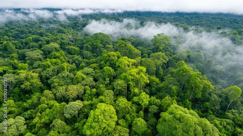 Lush Green Tropical Forest with Mist and Cloud Coverage