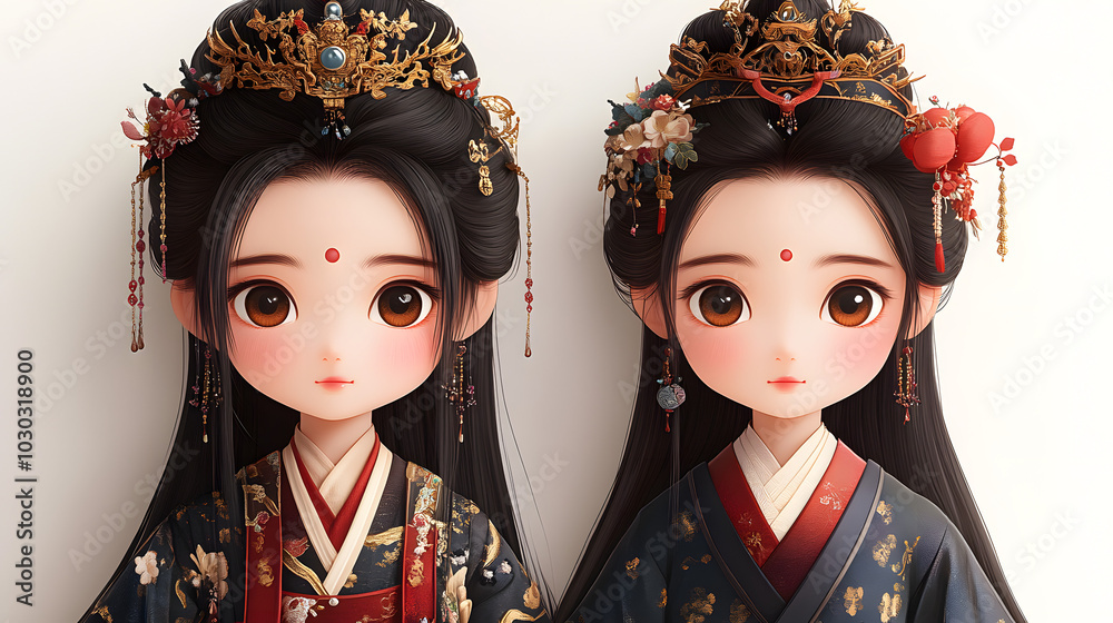 Chibi-style Dark Red and Light Gold Cartoon Couples Wearing Traditional Chinese Wedding Attire, Expressing Love and Happiness.
Chibi-style Dark Red and Light Gold Cartoon Couples Wearing Traditional Chinese Wedding Attire, Expressing Love and Happiness.