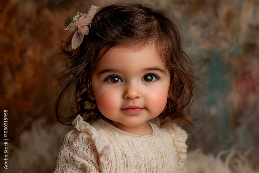 studio photo of a little girl 1 year old, contrasting background , clearly visible face studio photo of a little girl 1 year old, contrasting background , clearly visible face
