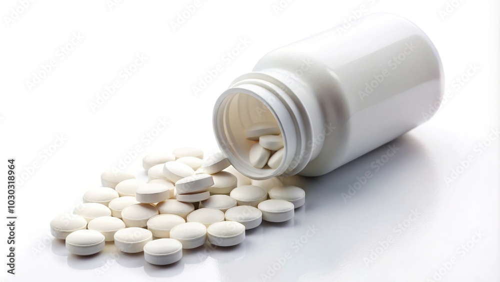 white pills spilling out of pill bottle on white background High Angle white pills spilling out of pill bottle on white background High Angle