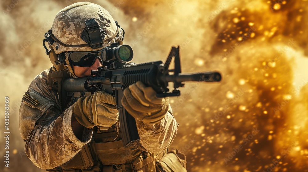 Focused soldier in desert gear holding rifle, sandy environment with heat waves in the distance, military precision, readiness and focus in harsh conditions Focused soldier in desert gear holding rifle, sandy environment with heat waves in the distance, military precision, readiness and focus in harsh conditions