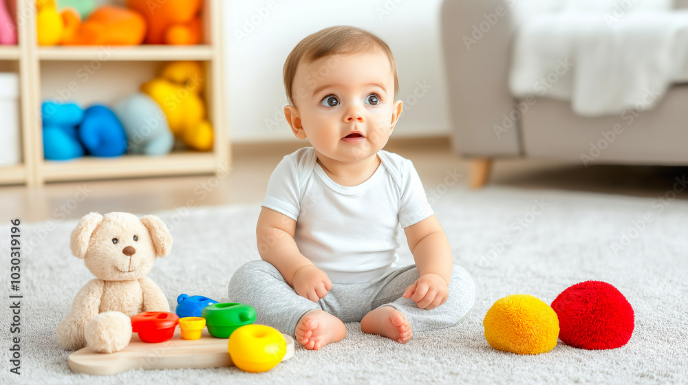 Baby sitting on floor with toys and teddy bear, exploring and playing in bright living room. Early childhood development, playtime, and learning for family care, parenting, and home environment Baby sitting on floor with toys and teddy bear, exploring and playing in bright living room. Early childhood development, playtime, and learning for family care, parenting, and home environment
