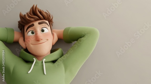 3D character close up portrait of a relaxed white man in a green hoodie, leaning back with hands behind his head, on a soft gray gradient backdrop, copy space, cartoon style, in the style of 3D design