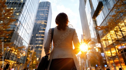 Businesswoman Walking in Urban Sunset Light