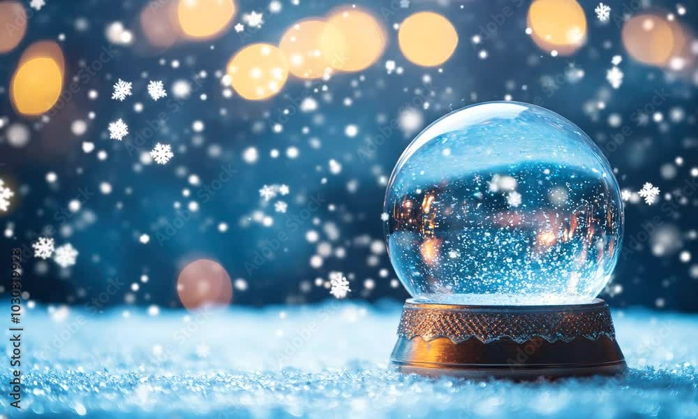 christmas snow globe on snowy winter background