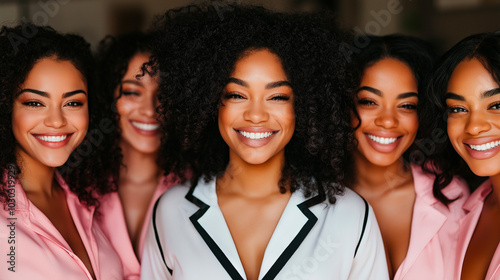 Joyful bridesmaids with natural curly hair, diverse beauty in wedding party. Celebration of sisterhood and friendship for inclusive marriage and lifestyle concepts