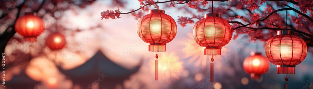 Obraz premium Serene image of a Chinese garden with red lanterns hanging from trees, fireworks in the distance, Chinese New Year celebration, spring, renewal, tradition
