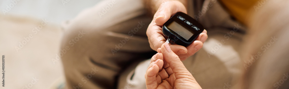A loving wife helps her husband check his blood sugar at home, showing her care. A loving wife helps her husband check his blood sugar at home, showing her care.