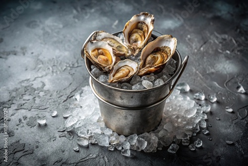 Minimalist oysters on crushed ice in metal bucket