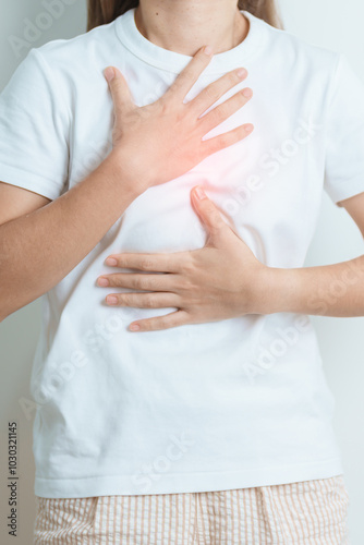 Gastroesophageal Reflux Disease or GERD, Acid reflux disease, Gastro Oesophageal or GORD and Dyspepsia concept. woman having Stomach ache and Esophageal pain due to Digestion system problem