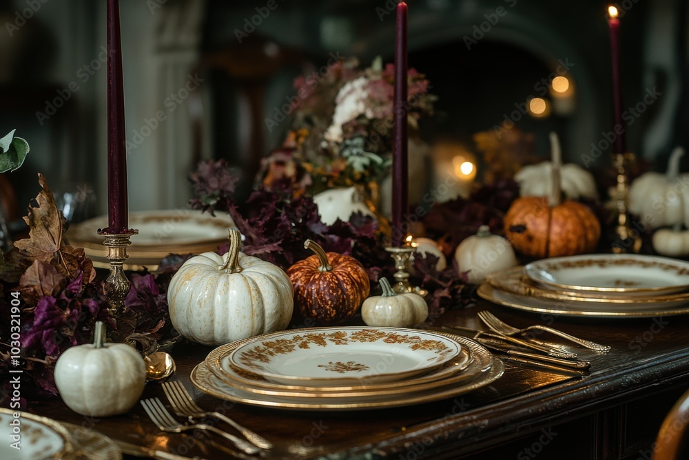 Naklejka premium autumnal table dcor, a fall-inspired dining table adorned with gold-rimmed plates, miniature gourds, and rich burgundy candles exudes autumnal grace