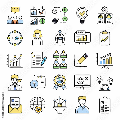 A comprehensive set of colorful line icons representing various aspects of business, including teamwork, growth, development, marketing, and technology. These icons are perfect for presentations.