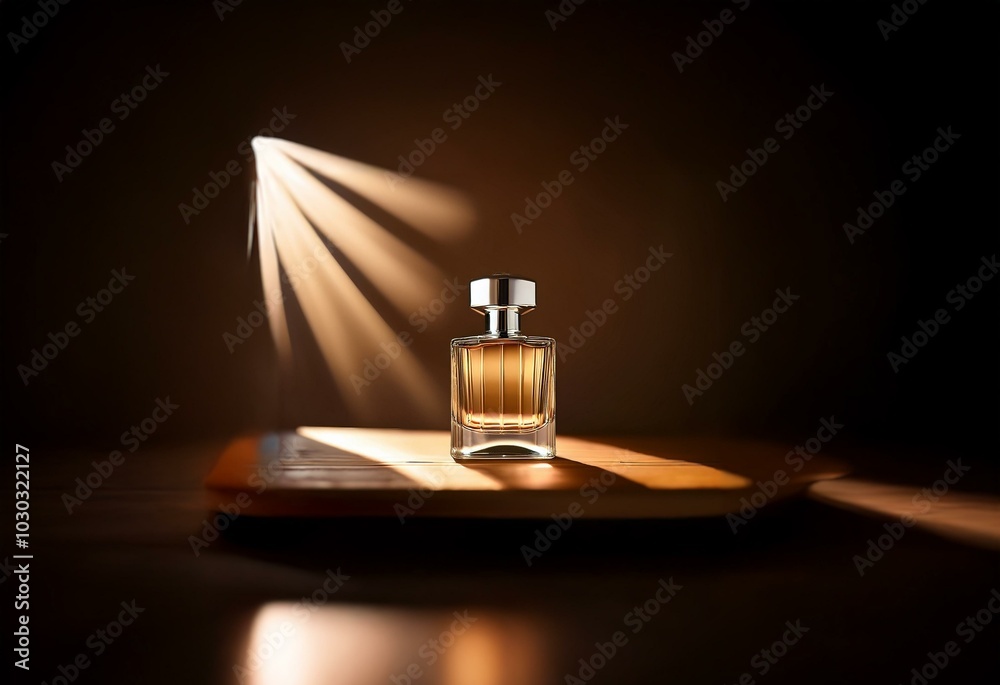 A glass bottle of perfume with a silver cap stands on a wooden surface. A beam of light casts shadows on the surrounding area.