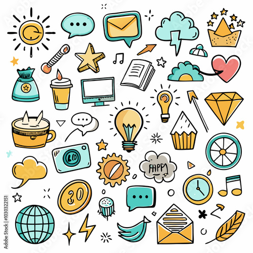 A collection of hand-drawn doodle icons, including stars, clouds, hearts, lightbulbs, and more. Perfect for adding a touch of whimsy to your designs.