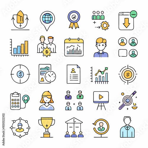 A set of 28 colorful icons representing business and management concepts, perfect for presentations, websites, and apps. The icons feature a clean, modern style.