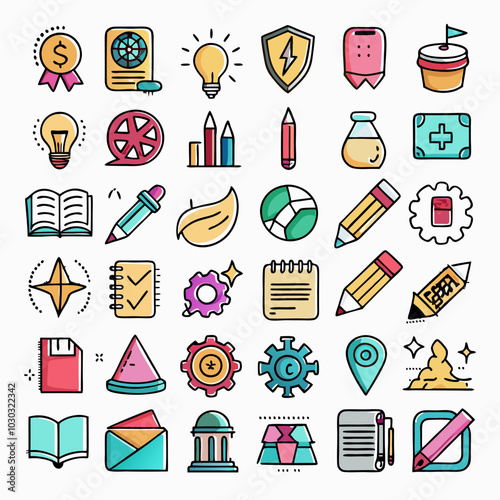 A set of 36 colorful icons representing various business and education concepts. Perfect for presentations, websites, or any project needing a visual boost.