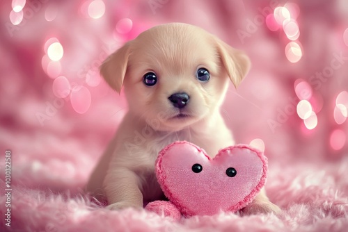 Adorable puppy holding a pink heart shaped plush toy surrounded by soft pink bokeh lighting in a warm indoor setting capturing themes of love and affection photo