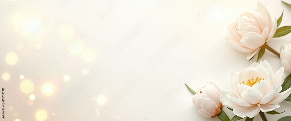 Elegant white peonies with soft golden glow on light neutral background with copy space Elegant white peonies with soft golden glow on light neutral background with copy space